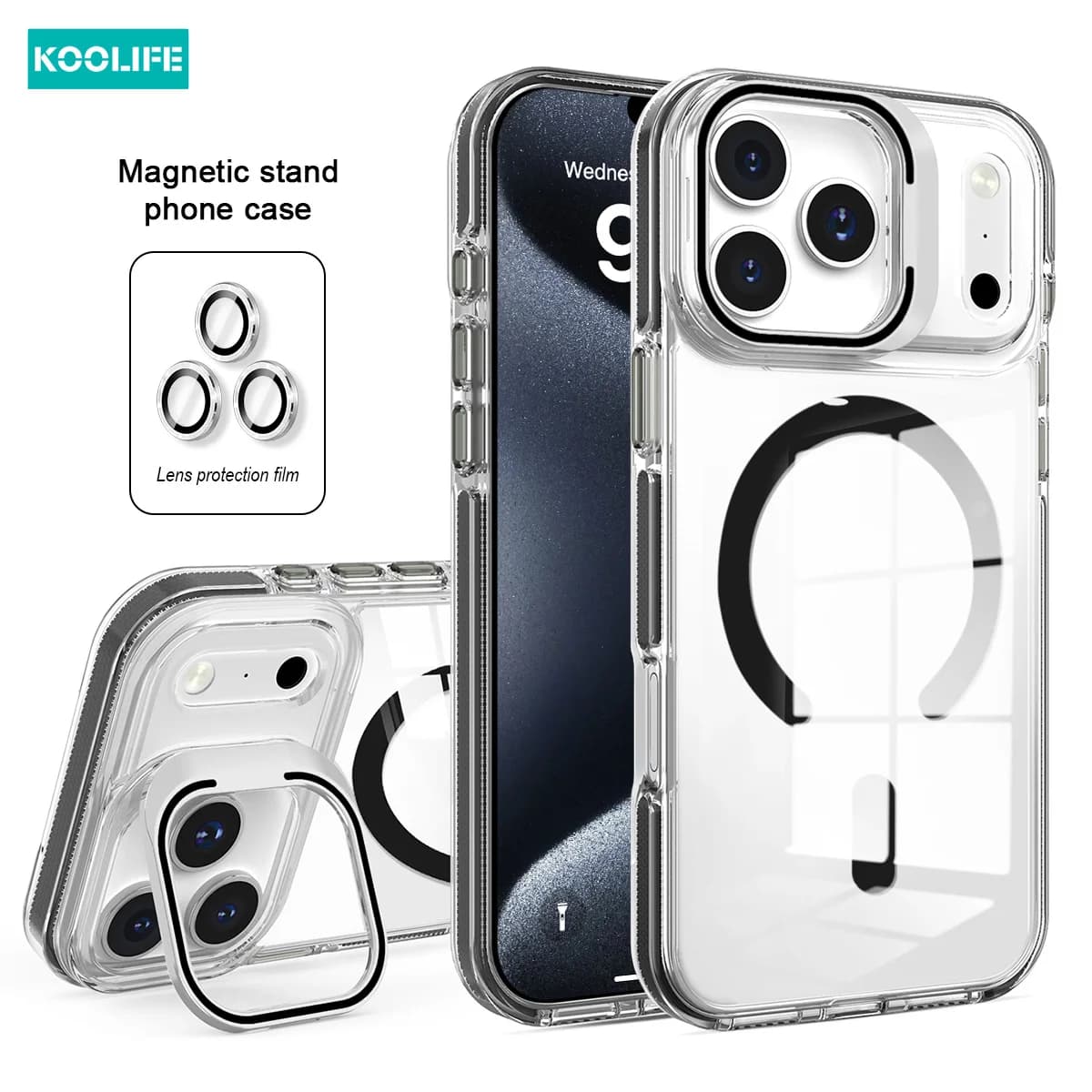 Koolife Metal Lens Holder Magnetic Phone Case, simple and stylish, compatible with iPhone 11, 12, 13, 14, 15, 16 and 17 ProMax