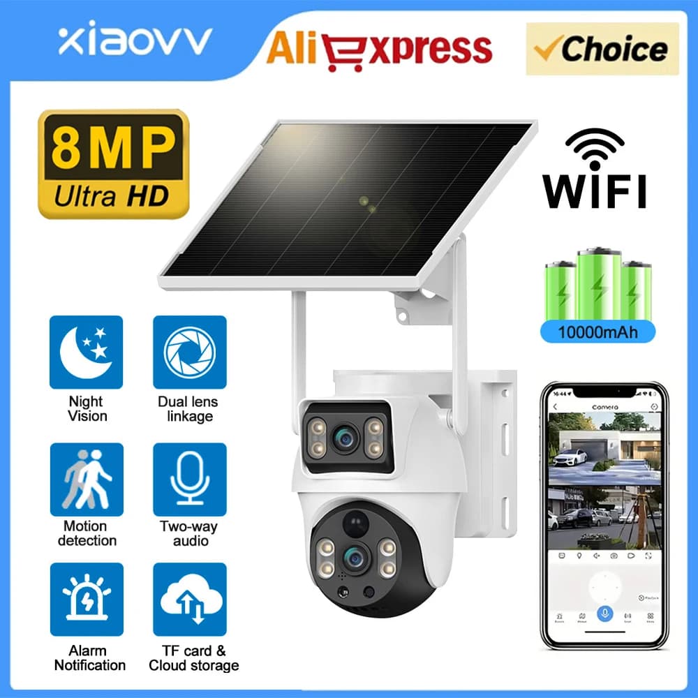 Telecamera solare WiFi Doppie lenti Outdoor 8MP 4K Batteria a bassa potenza Telecamera IP PIR Visione notturna V380 Pro Telecamera di sicurezza CCTV