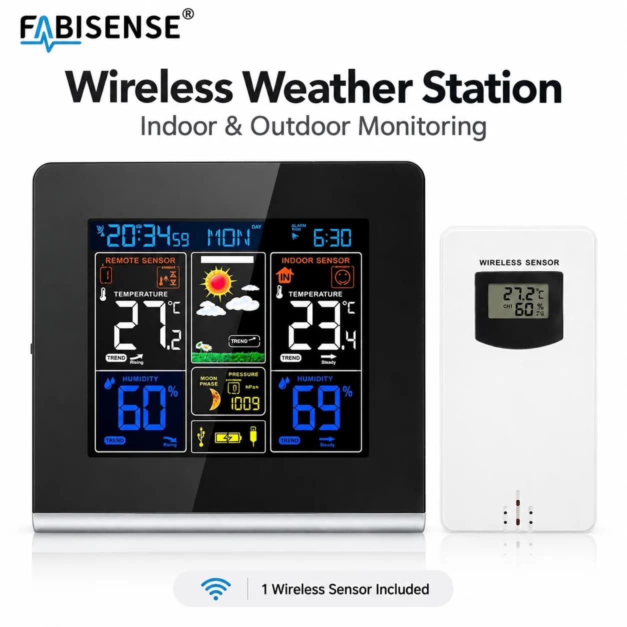 FABISENSE Digital Weather Station Clock Wireless Indoor Outdoor Sensor Temperature Instruments Hygrometer Thermometer, home
