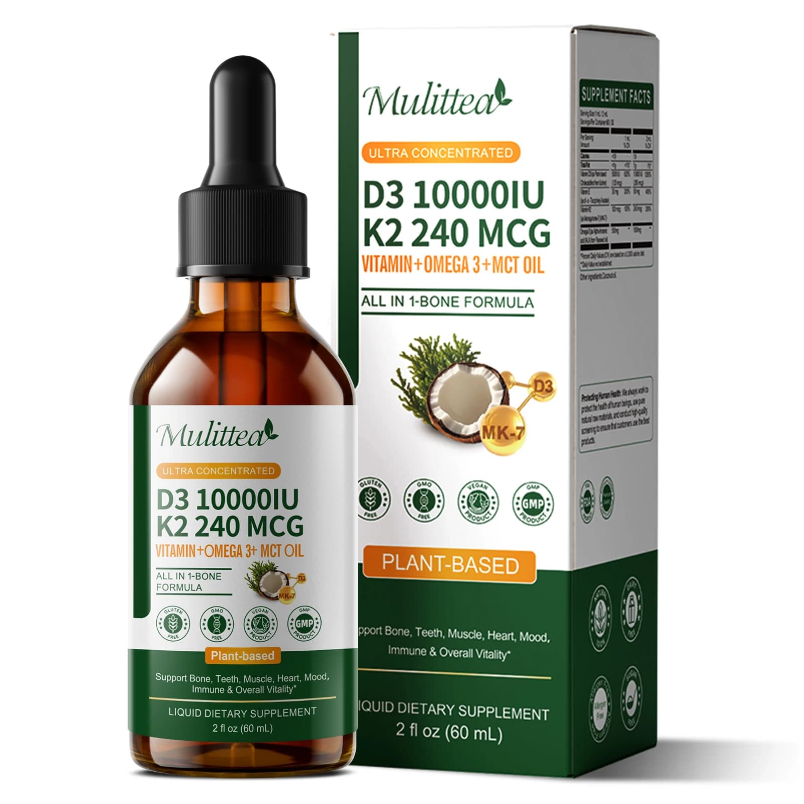 Mulittea Vitamin D3 K2 Organic Drops Vitamin D3 10000 IU & K2 240mcg Immune & Mood Support, Bone & Teeth Health Sugar-Free Supplement for Men & Women