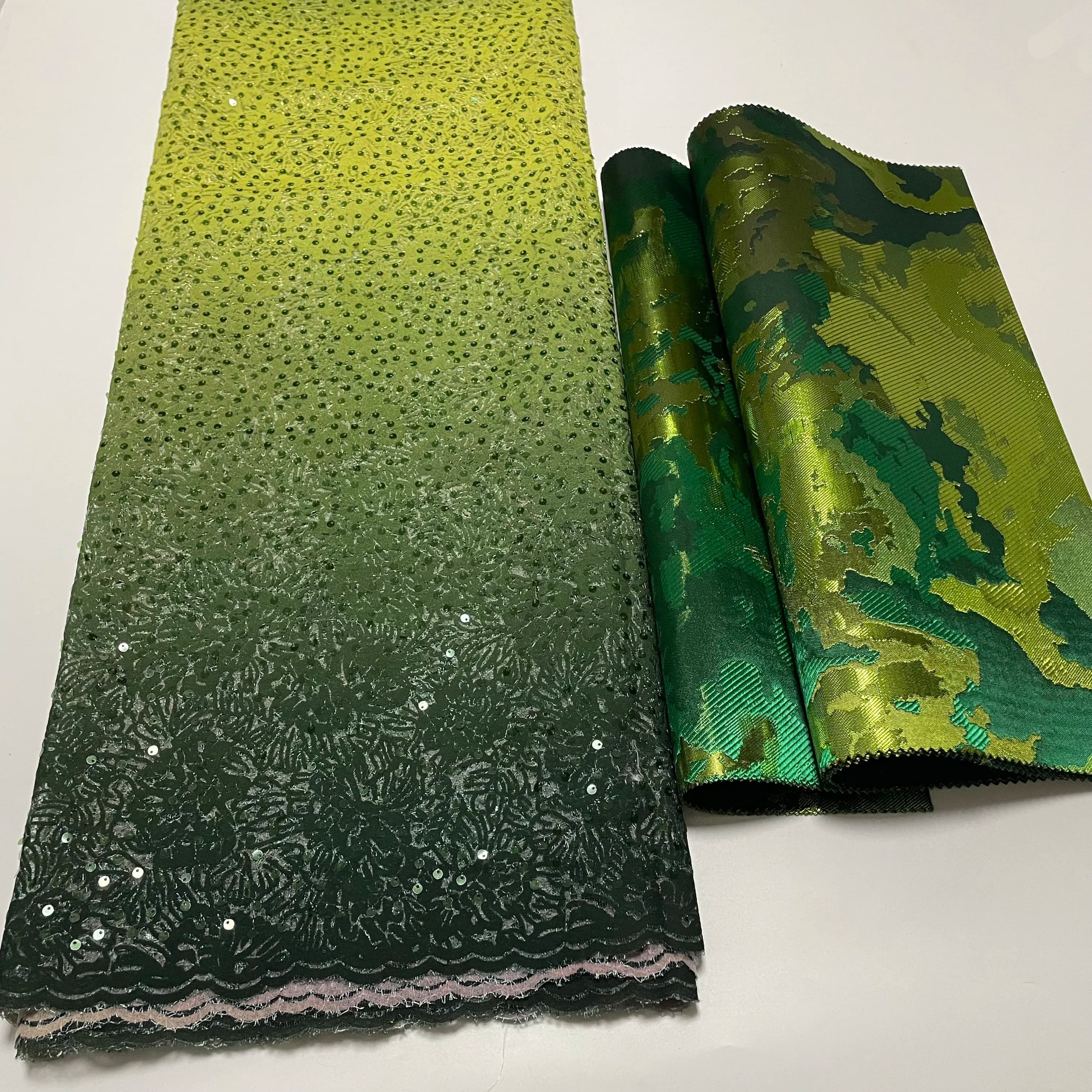 Luxury African Sequins Organza Lace Fabric Plain Color French Mesh Lace Material 5yards Matching with Swiss 3D Sego Headtie 2PCS