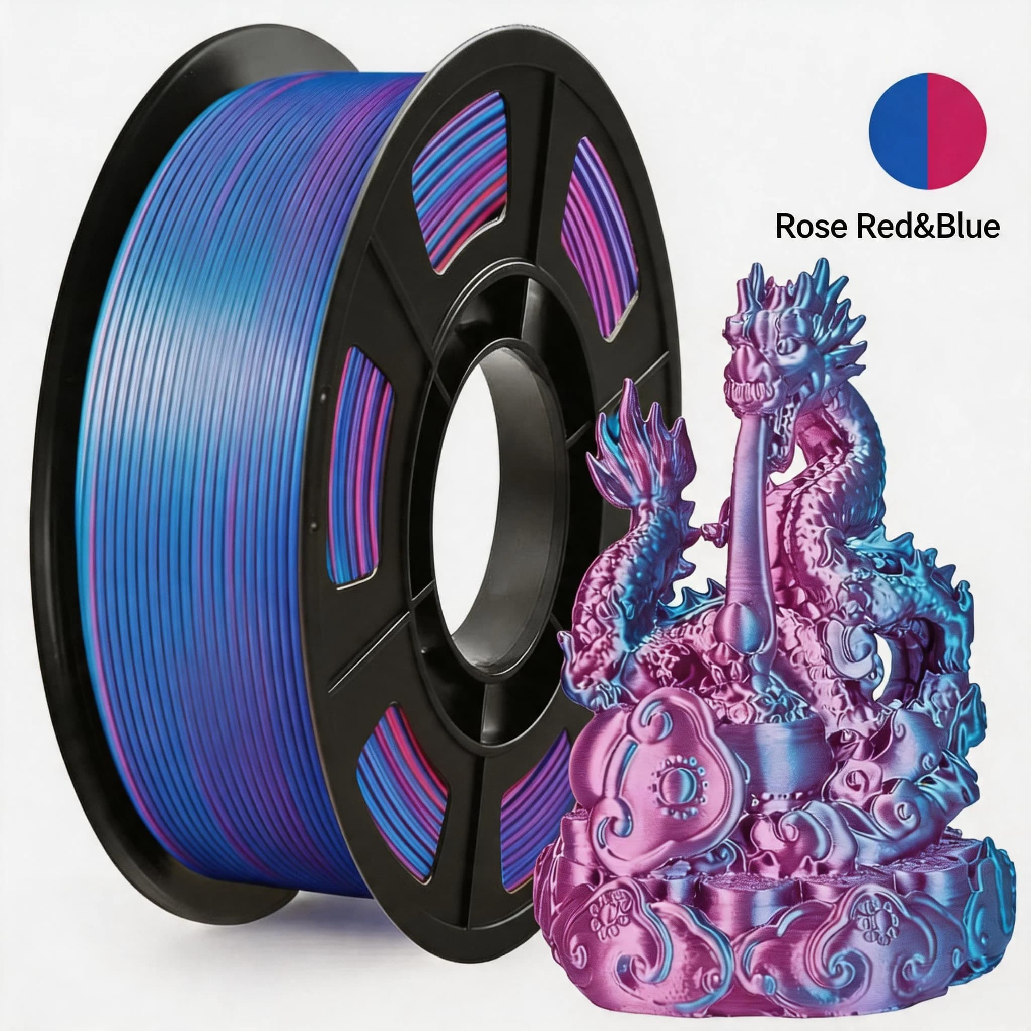 Filamento PLA Seta 1.75mm, Filamento per Stampante 3D a Doppia Coestrusione Bicolore Seta Rosso Blu, PLA con Cambiamento Colore, 250g