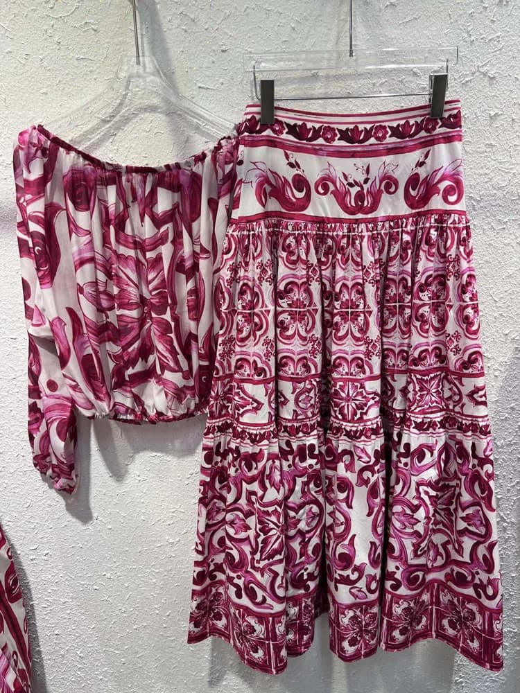 Lusso modesto moda 2025 donna camicetta di seta con spalle scoperte e maxi gonna lunga in cotone set estivo Boho elegante abito in due pezzi