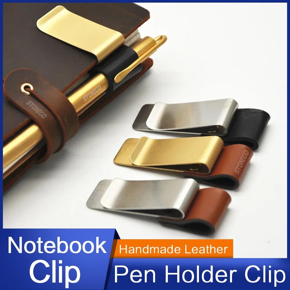 STONEGO Hand-made leather pen holder in brass and stainless steel Clip for diary Notebook Card for writing Paper Supplies for office