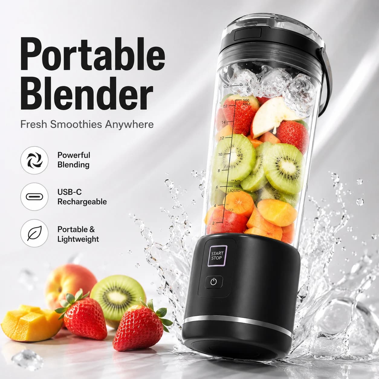 500ML Portable Blender, USB Rechargeable Cordless Personal Smoothie Maker with One-Touch Control, Black Travel Blender for Home, Office and Gym