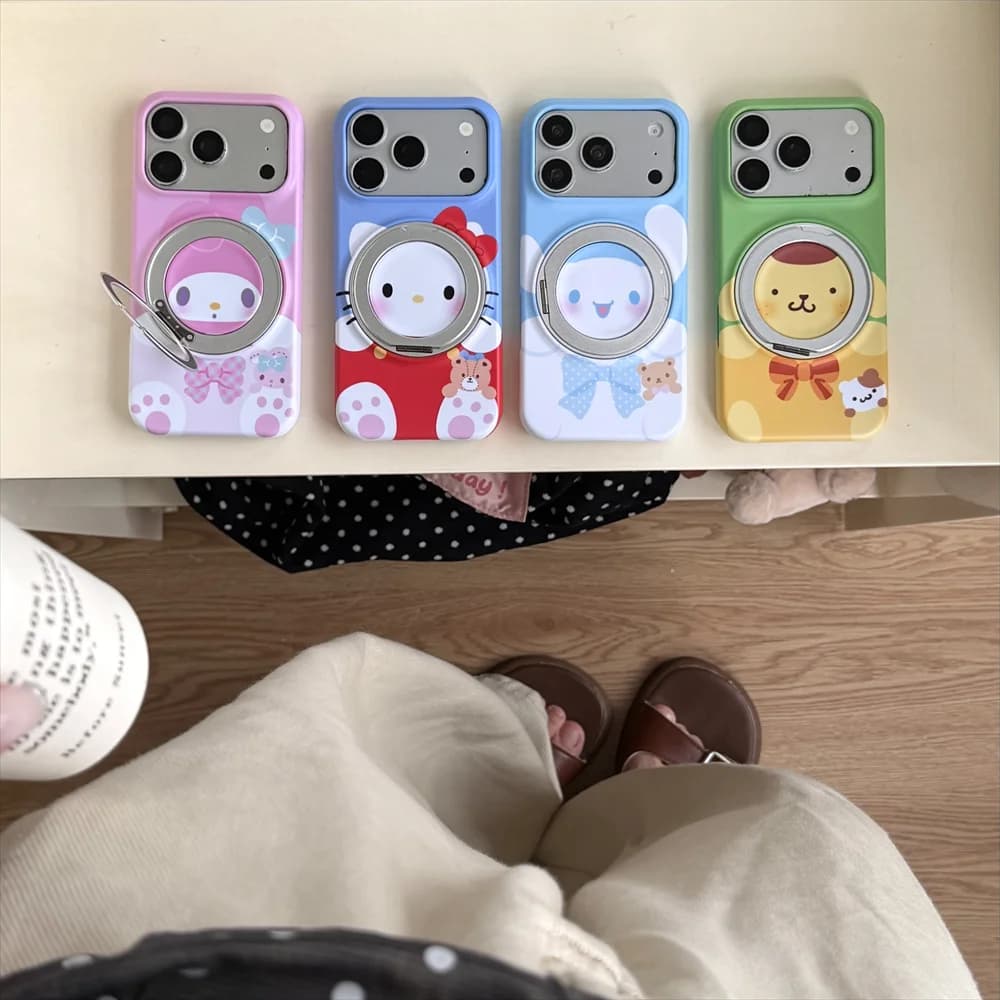 Fashion Cute Cartoon Magnetic Phone Case For iPhone 17 16 Pro Max 15 16 15 Pro 17 Pro Cover With Magsafe Rotate Stand Cover Capa