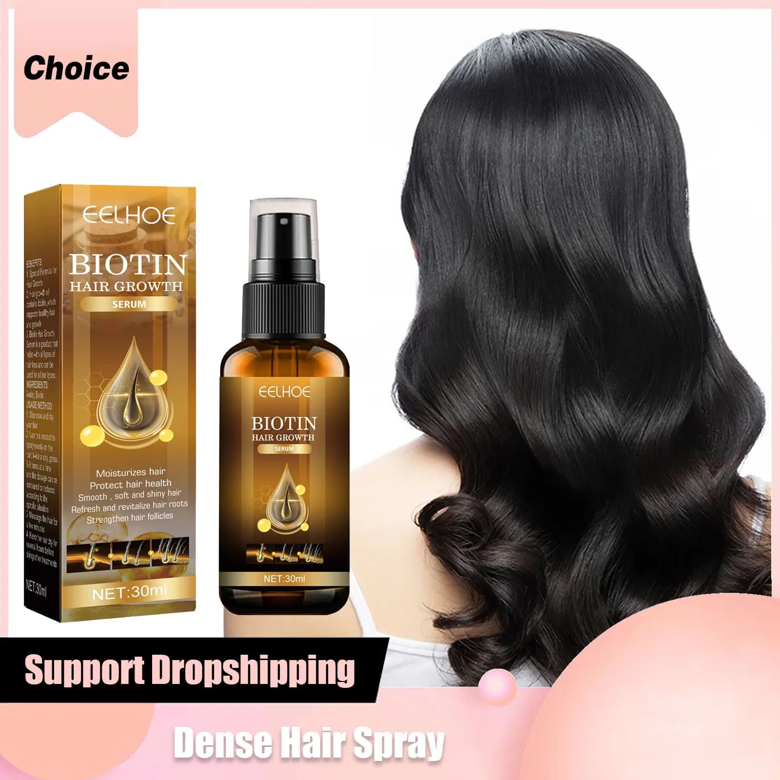 Spray per la crescita dei capelli alla biotina Riparazione a crescita rapida Trattamento del cuoio capelluto danneggiato dell'effetto crespo Rafforza la radice dei capelli Nutrire la cura dei capelli Olio essenziale