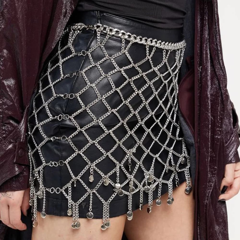 Sliver Metal Fishnet Waist Chain for Music Night Party Outfit Gothic Body Chain Belt Fringe Gold Metallic Chainmail Skirt 2025