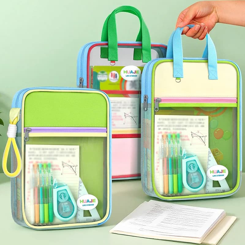 Borsa portadocumenti portatile per studenti HUAJIE, borsa color dopamina, cartella in rete con cerniera a forma di L, conservazione della carta da esame e organizzatore dei soggetti
