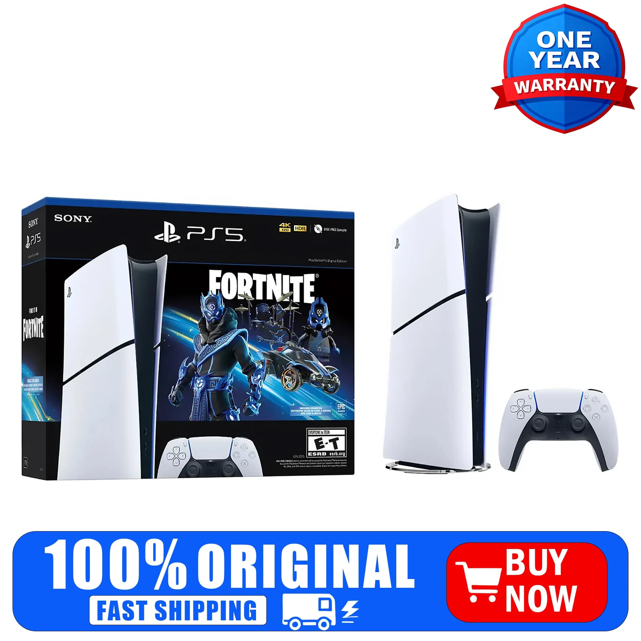 Console Sony PlayStation 5 Digital Edition Bundle Fortnite Cobalt Star, 825GB, Bianco