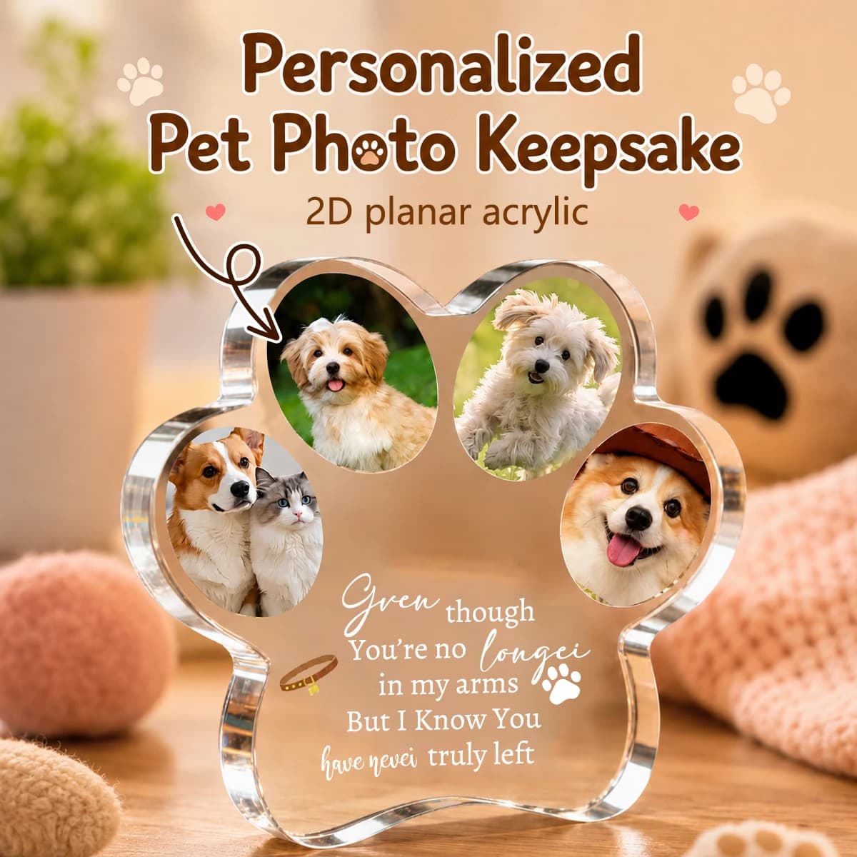 Personalized Paw Shaped Acrylic Pet Photo Plaque, Custom 4 Pictures Pet Memorial Keepsake, Paw Shape Acrylic Photo Frame.