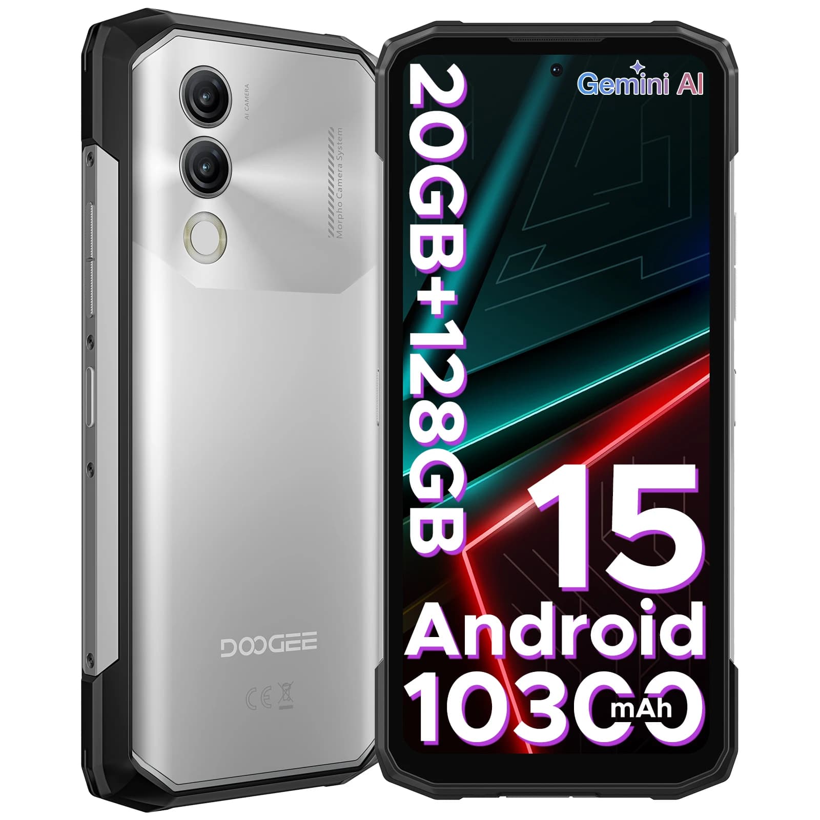 DOOGEE Blade20 Telefono Rugged con Batteria da 10300mAh, Display da 6.6'' a 90Hz, 20GB+128GB, Android 15, Fotocamera AI da 16MP, NFC, Cellulare con AI Gemini