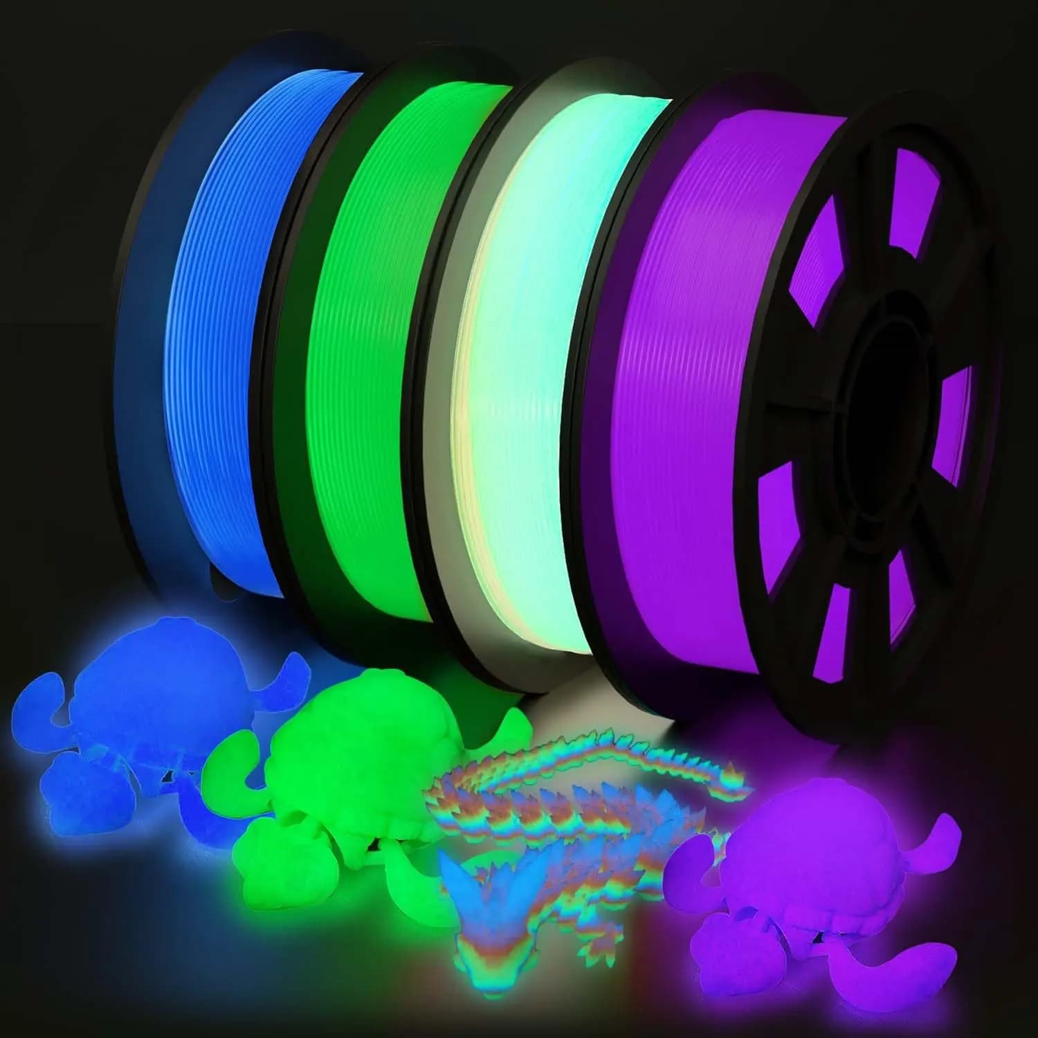 Pack of 4 filaments for 3D printer PLA lighting in the dark, assorted colors, blue, green, purple, rainbow, 250 g each, diameter 1.75 mm