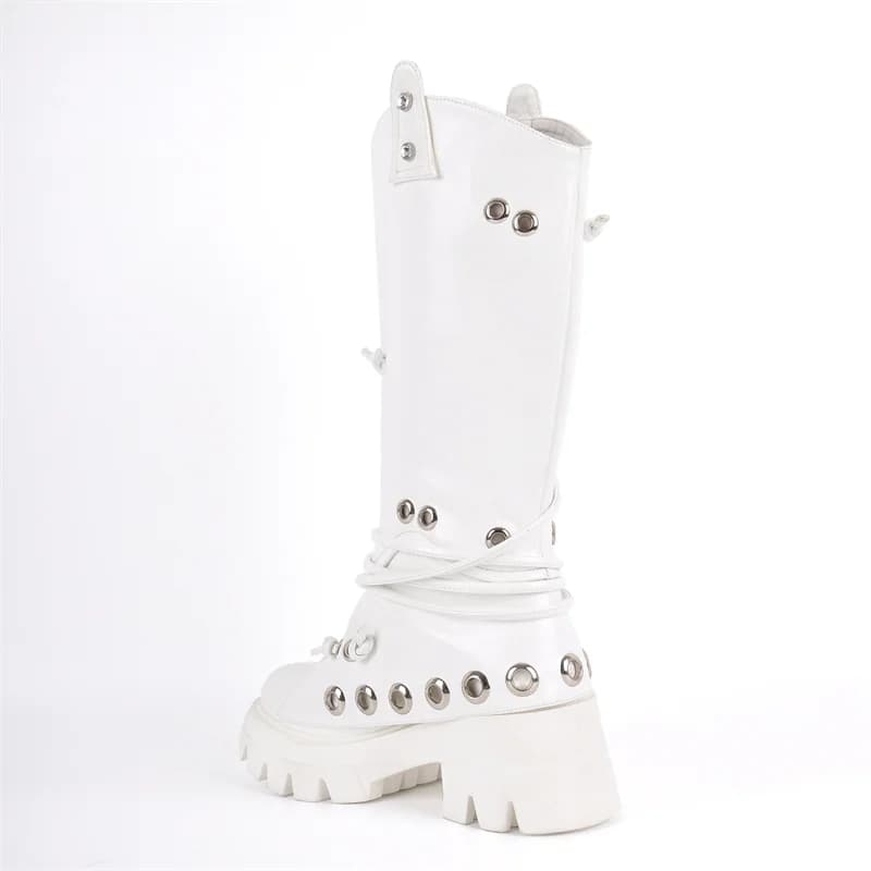Onlymaker Women Platform Round Toe Studded Chunky Heel Knee High Boots Pull On Mid Calf Chunky Heel Punk Boots