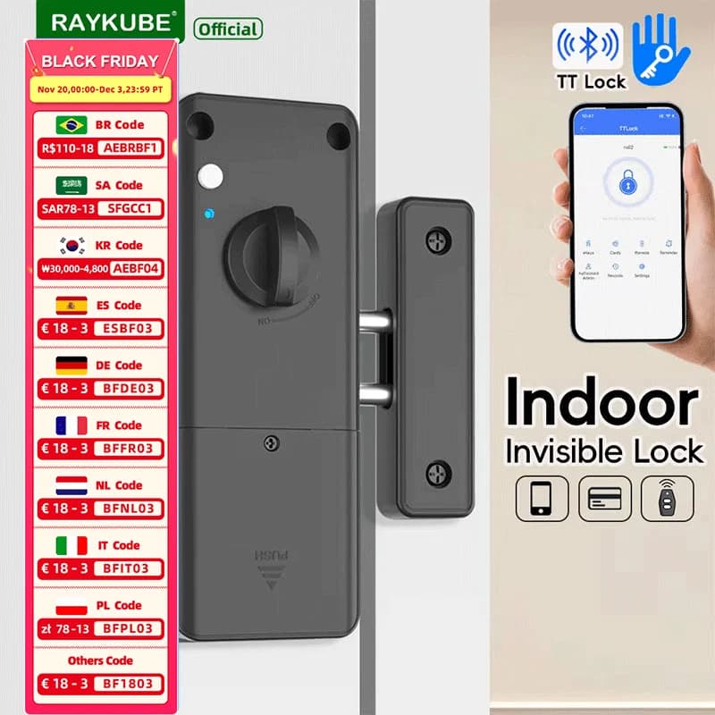 RAYKUBE RX02 Blocco TT senza perforazione Bluetooth Smart Lock invisibile per interni con scheda IC 13,56/APP TT Lock/sblocco telecomando