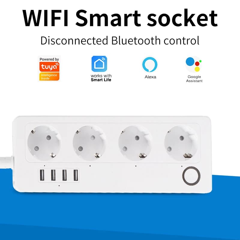 SIXWGH Tuya Smart Prolong cable socket WiFi EU power supply monitor Timming 4 USB charging ports Google Home Alexa