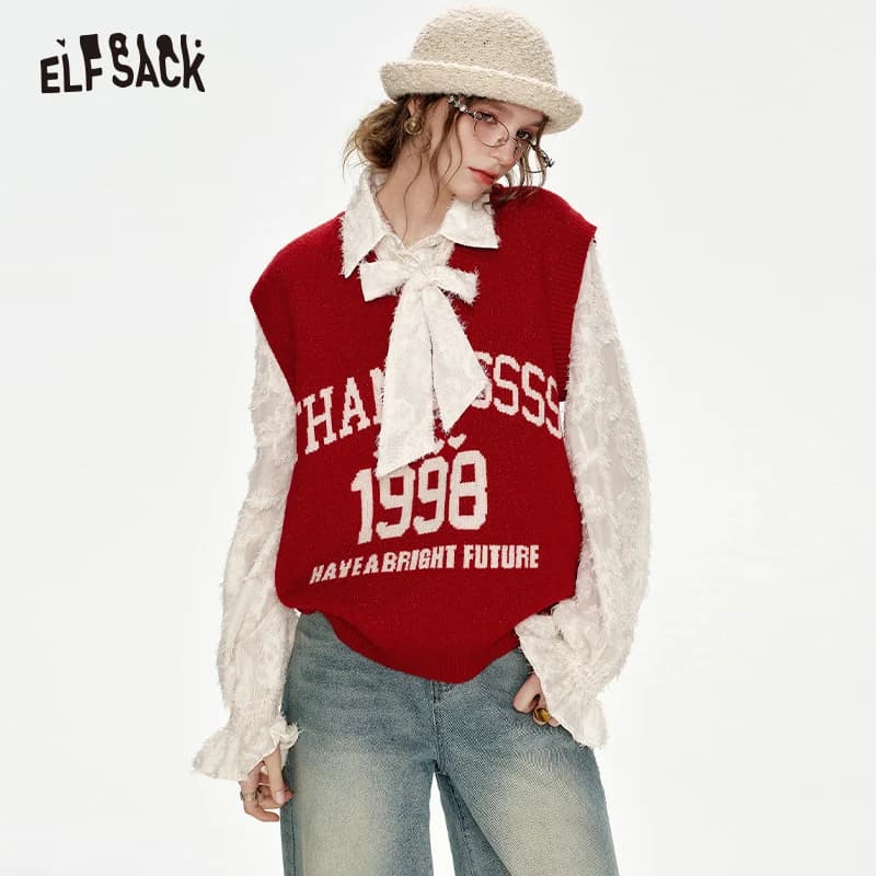 ELFSACK 2024 Winter New Arrivals Fake two-piece stitching New Year red lapel bow knitted pullover for women