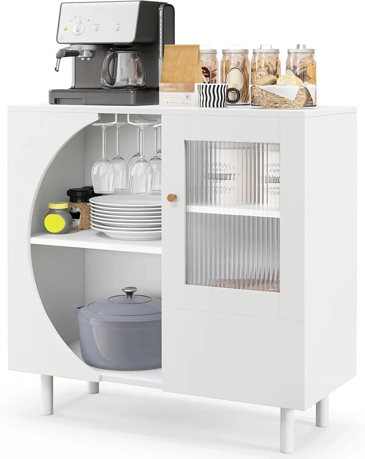 Mobile buffet con vano portaoggetti, mobile bar con portabicchieri, anta e cassetto in vetro temperato, mobile consolle moderno, Acce