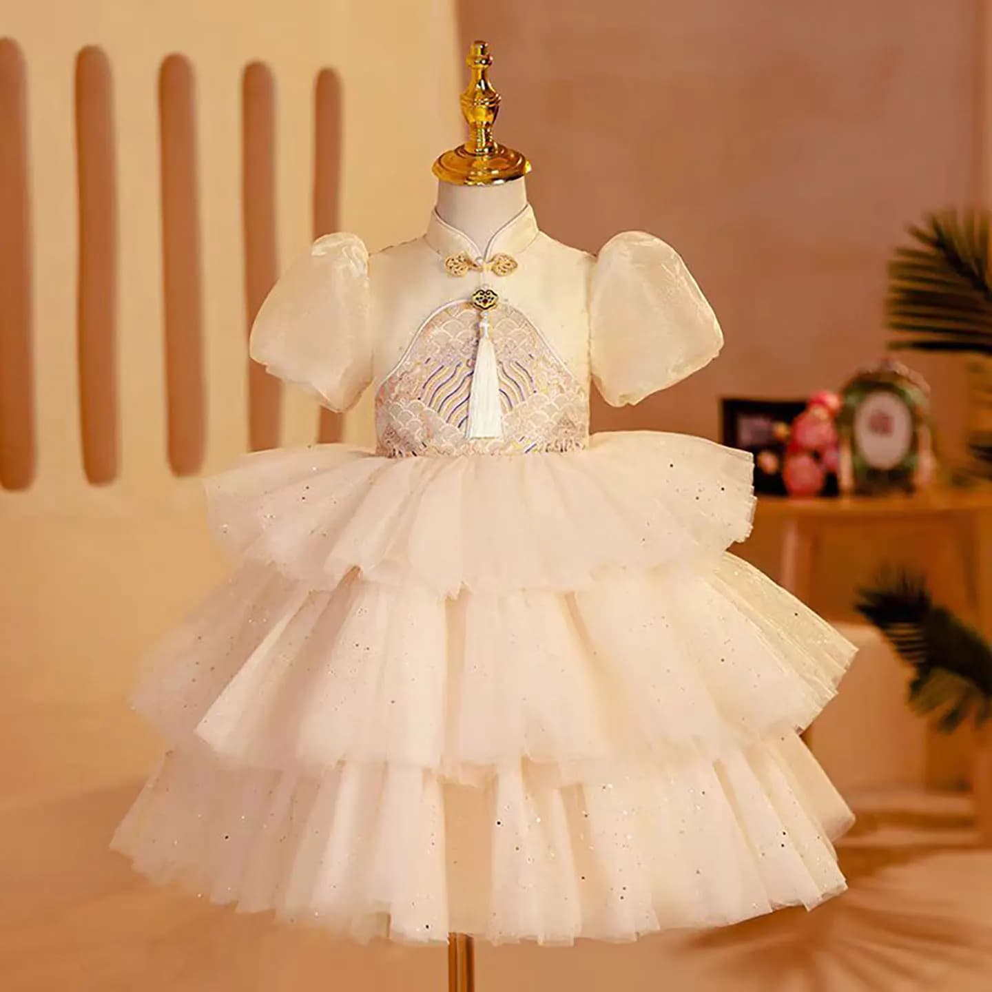 Dreamy D003 Vow Elegant Chinese Style Tassel Tiered Tulle Flower Dress Puff Sleeves for Kids Wedding Birthday Party Ball Gown
