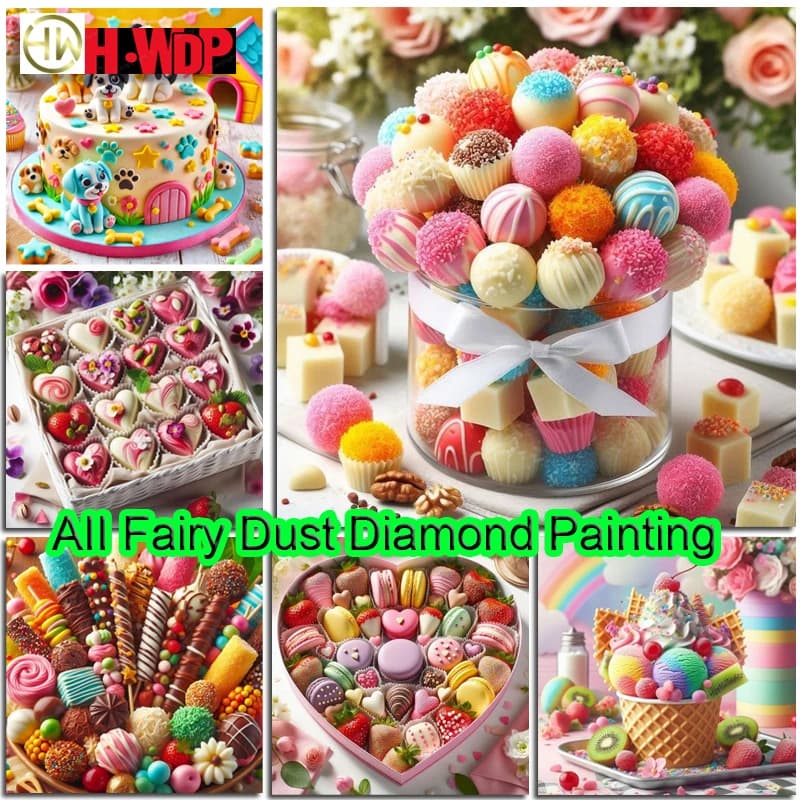Kit Pittura Diamante 100% Fairy Dust, Mosaico Quadrato a Tema Cibo, Ricamo a Tema Dessert, Diamond Art AB, Decorazione Casa con Cristalli Completi