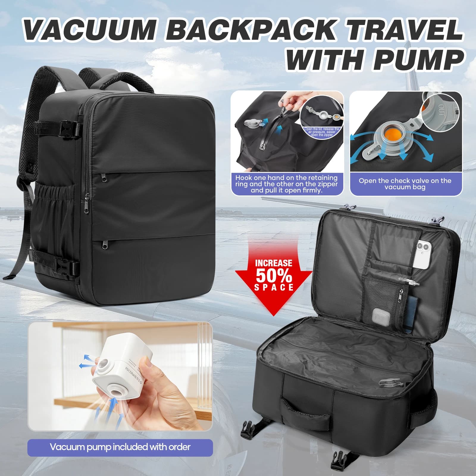 Ryanair Travel Cabin Plane 40x30x20 Backpack, Vacuum Backpack With Pump Men's Work Backpack, Bags for Men, Clothing Storage Bags