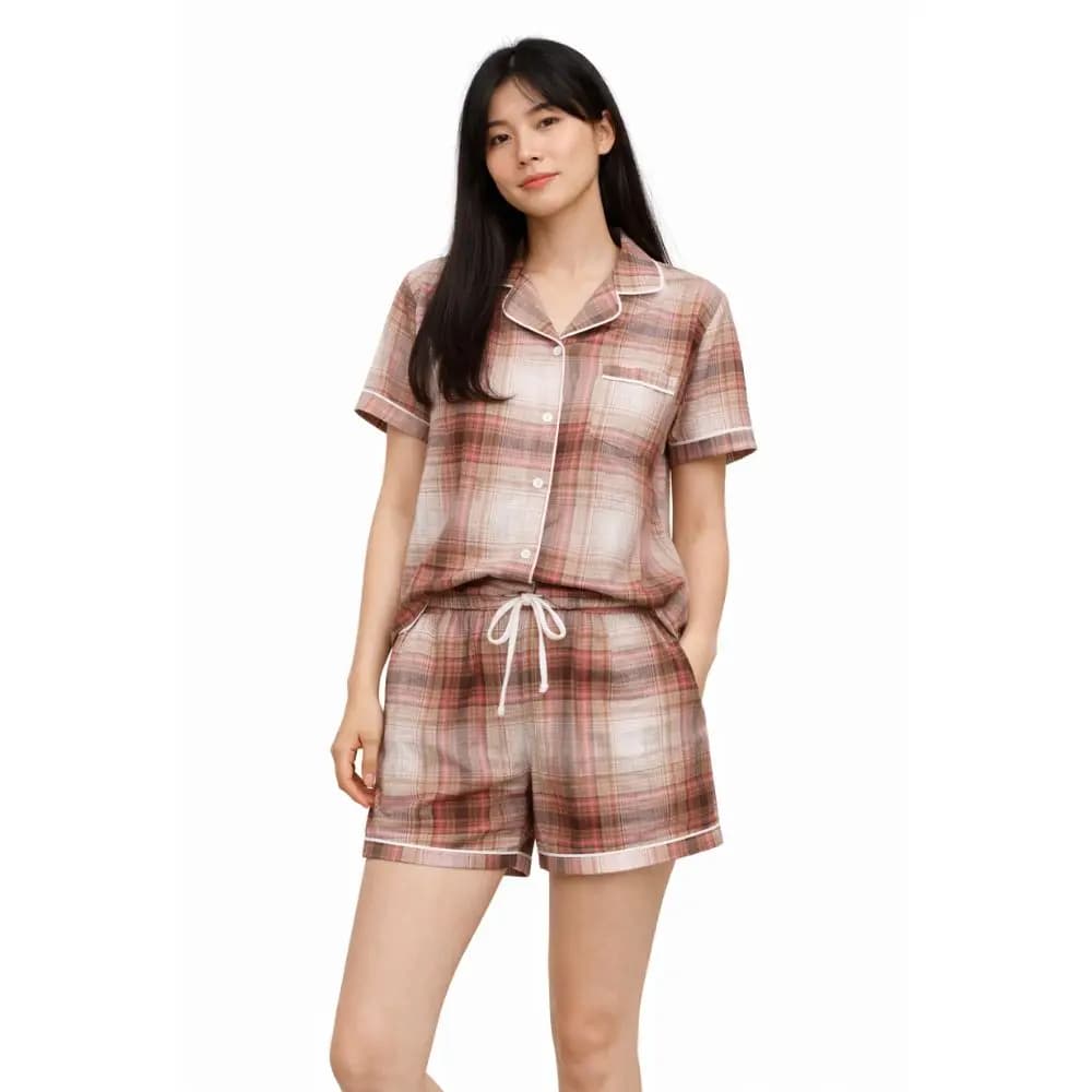 Set pigiama da donna beige a quadri, pigiama con bottoni a maniche corte, pantaloncini estivi, abbigliamento da notte morbido, XS/S/M/L/XL