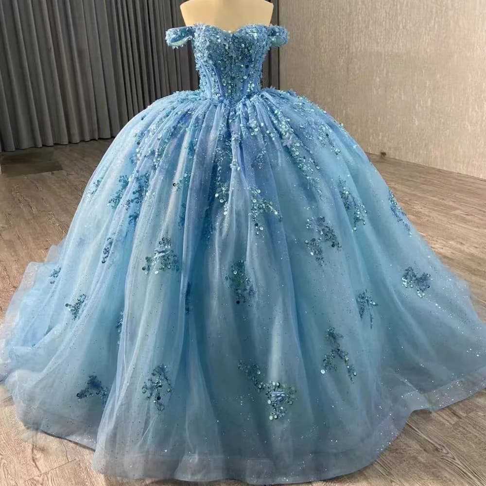Vestidos De 15 XV Off Shoulder Sweetheart Appliques Flower Lace Up Back Blue Luxury Long Dress For Special Occasions