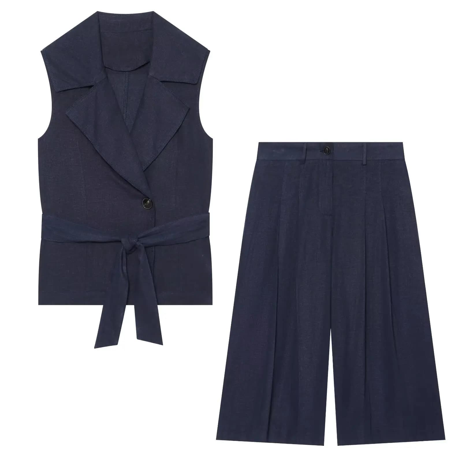 Women Summer Navy Blue Sleeveless Vest Blazer Belted Top High Waist Pleated Wide Leg Bermuda Shorts Sets Fashion Pant Suits