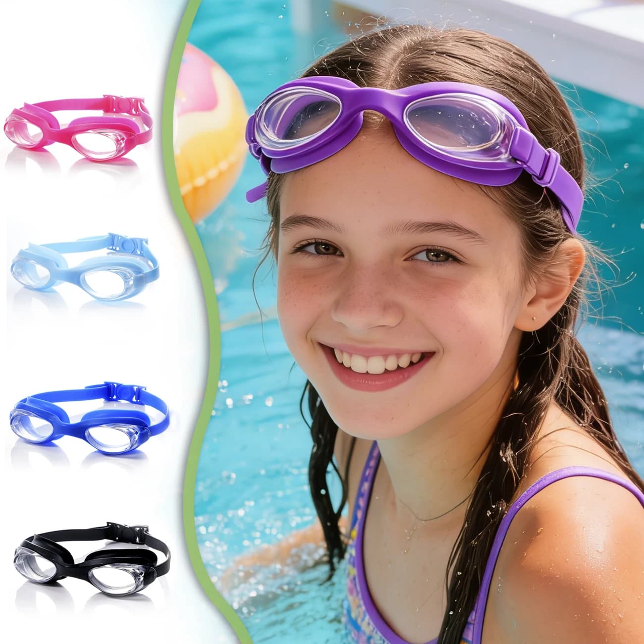 1 paio di occhialini da nuoto - Per bambini dai 3 ai 10 anni - Antiappannamento - Protezione UV - Vestibilità in morbido silicone