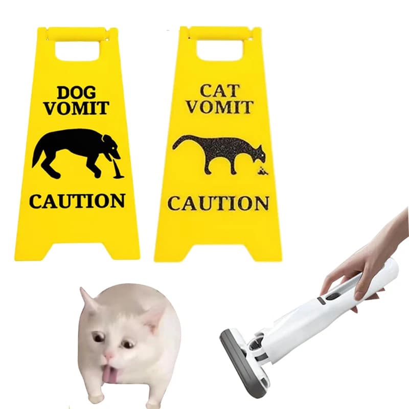 Funny Cat Vomit Sign with Mini Cleaning Mop Novelty Gag Caution Vomit Sign Gifts Warning Sign Decoration Suitable Pet Owners