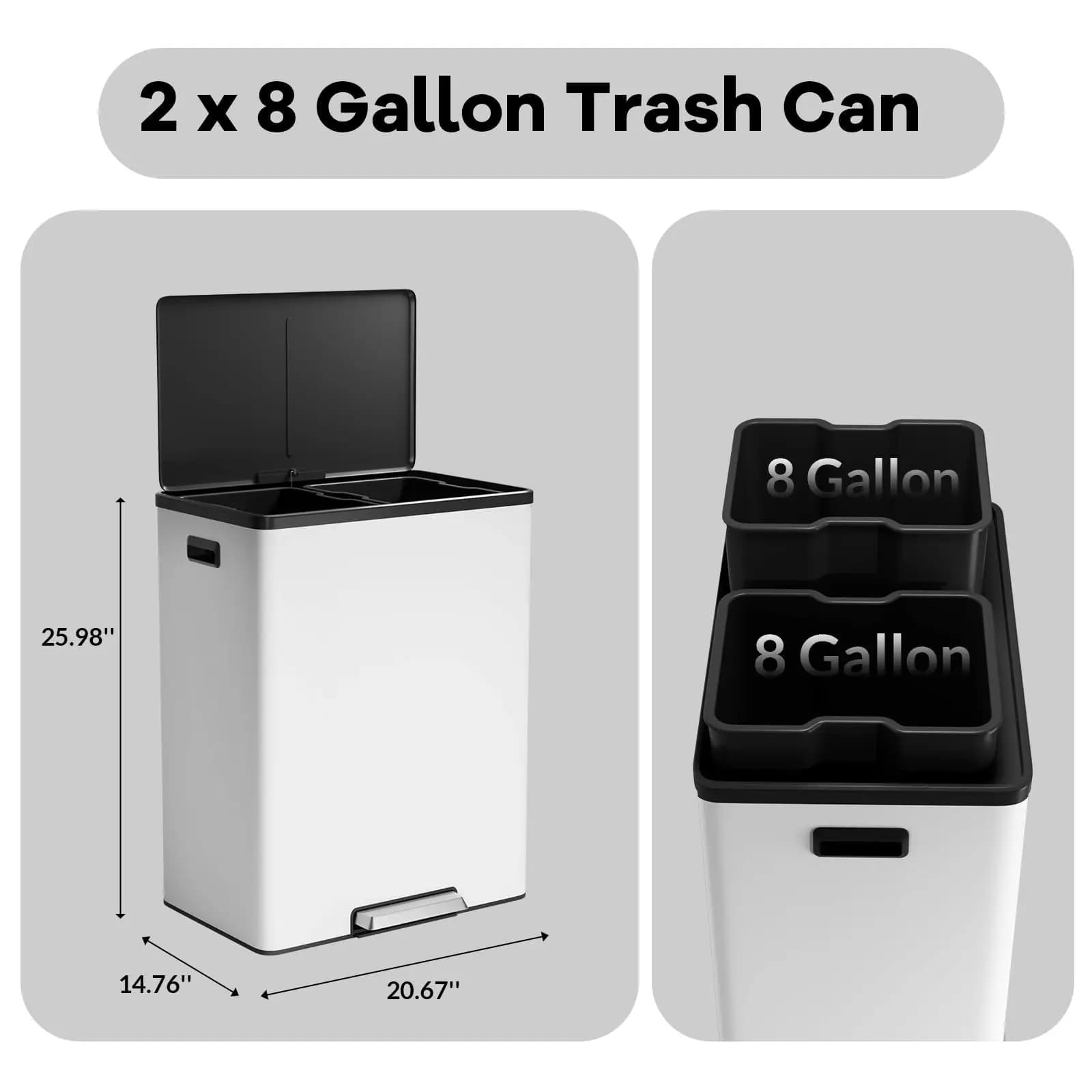 60L Stainless Steel Dual Compartment Trash Can, 16 Gallon Step Trash and Recycling Bin with Soft Close Lid, Removable Inner Buckets for Home Office, White