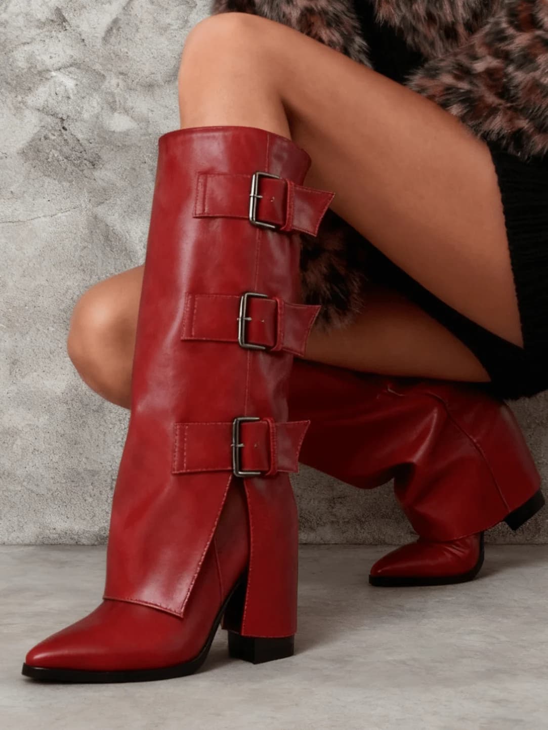 Women's Knee High Boots Fold Over Boot With Zipper Pointed Toe chuncky Heel Decorative buckle Minimalist Street Style Boots for Fall Winter Party