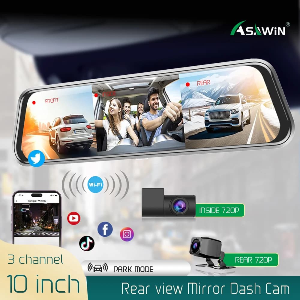 3 telecamere Wifi Specchietto retrovisore da 10 pollici Dash Cam 3 vie Telecamera per auto Touch Screen Interno ed esterno Lato 3 canali Time-lapse