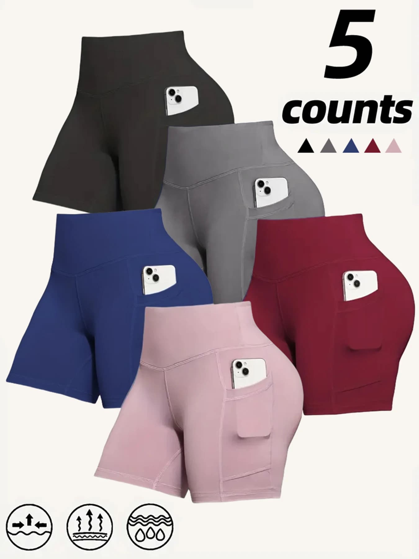Pack of 5 women's high waist cyclist shorts with pockets - Training shorts and non-transparent gym - Super soft and elasticized