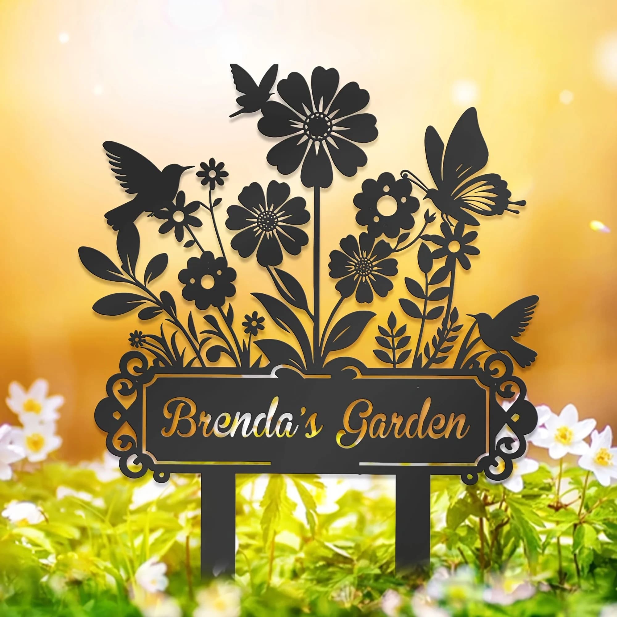 Palo da Giardino in Metallo Personalizzato - Design con Farfalla e Caratteri Eleganti, Targhetta per Esterni Resistente Adatta per Matrimoni