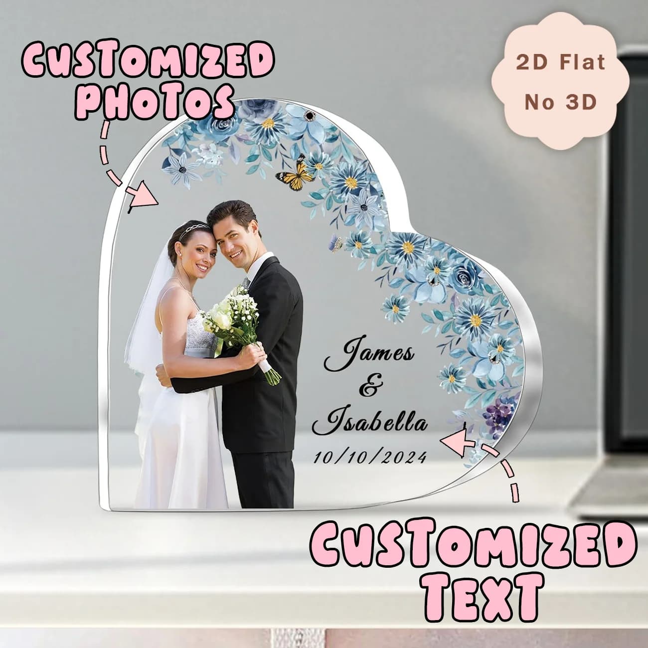 Custom Acrylic Heart Photo Frame, Custom Acrylic Nameplate, Personalized Wedding Photos, with Names and Dates, Suitable as a Gif