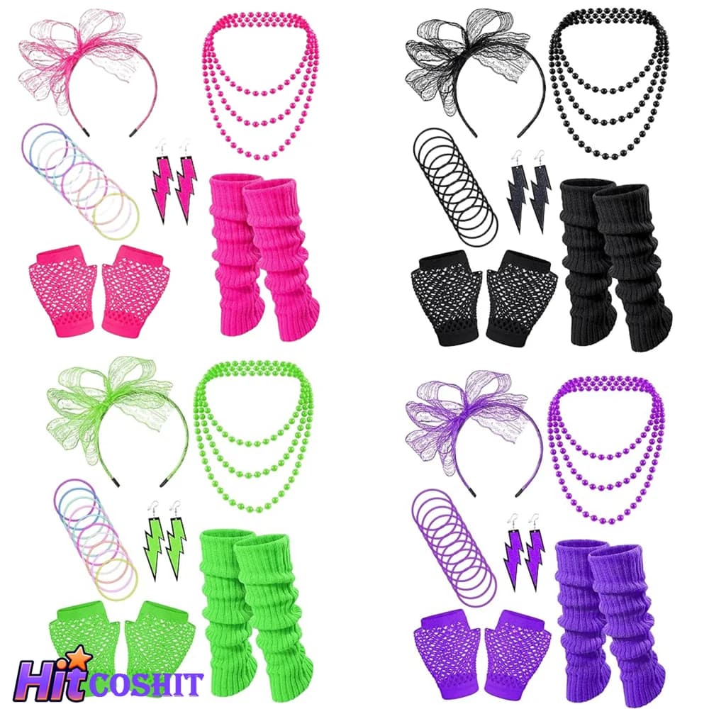 80s Costume Accessories Holographic Fanny Pack Leg Warmers Lace Headband Earrings Gloves Necklace Bracelet Halloween Props