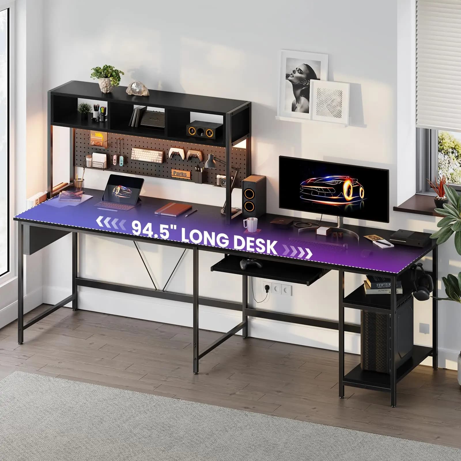 Scrivania da Gaming a L da 67 Pollici, Scrivania Angolare Reversibile con Luci LED, Vassoio per Tastiera, Ripiano Portaoggetti, Scrivania Nera per Ufficio Domestico