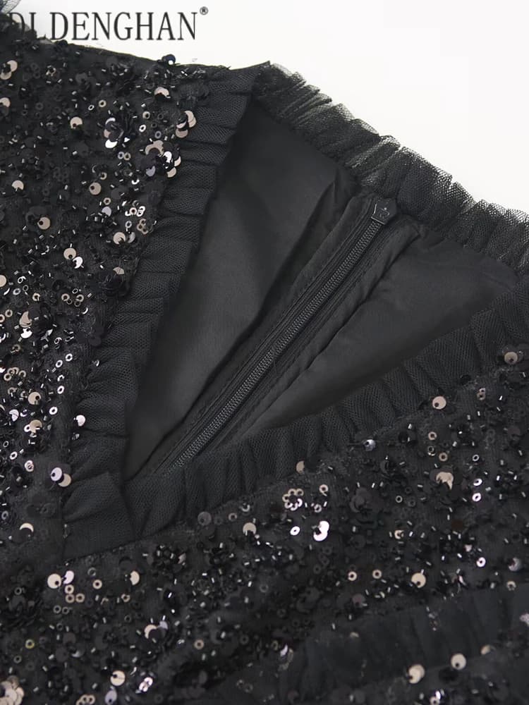 DLDENGHAN Women Solid V-Neck Lantern Sleeve Beading Sequins Accessories Spring Summer Vintage Mesh Big pendulum Maxi Dresses