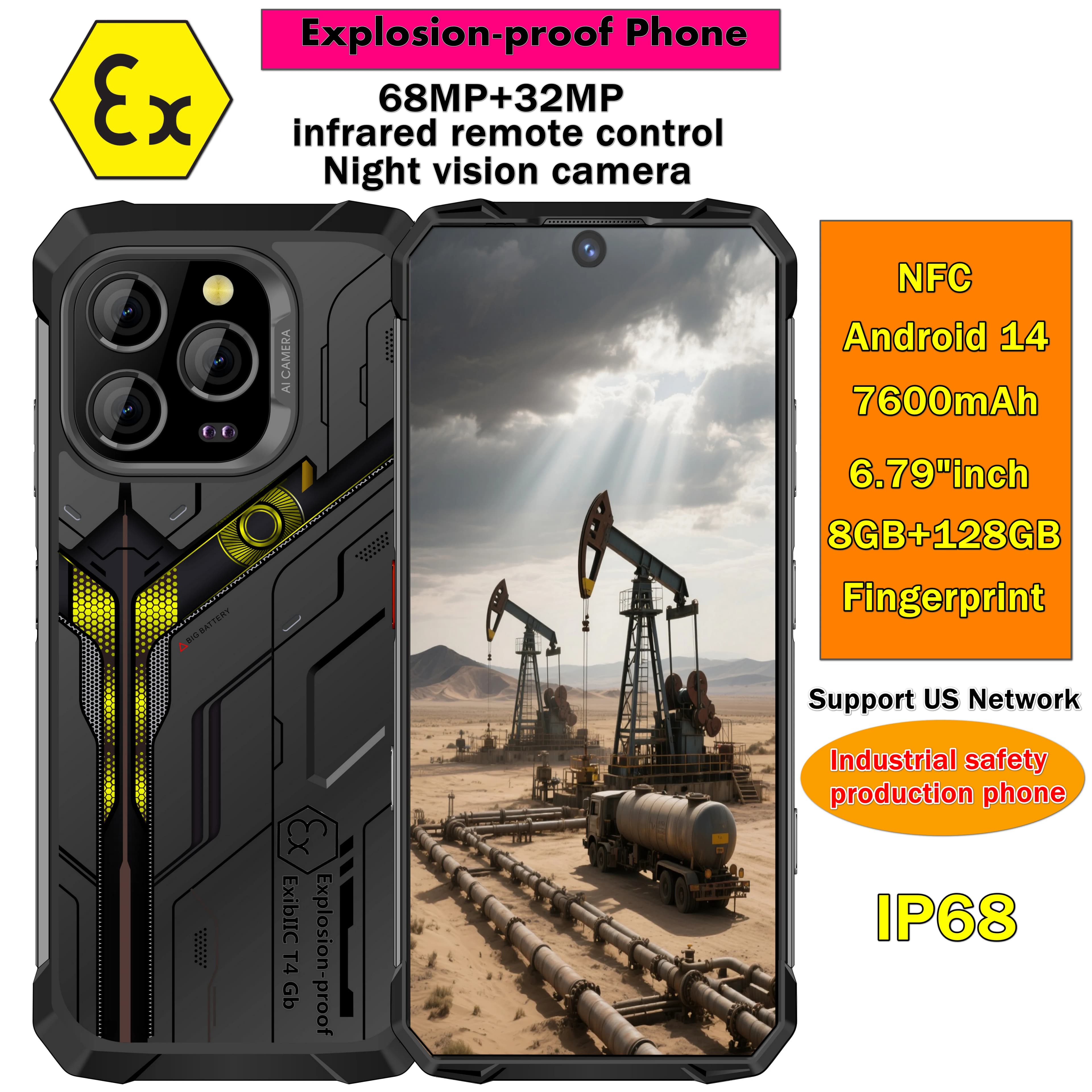 Telefono antideflagrante Visione notturna Telefono robusto Android 14 33W 32MP+68MP NFC Smartphone impermeabile globale