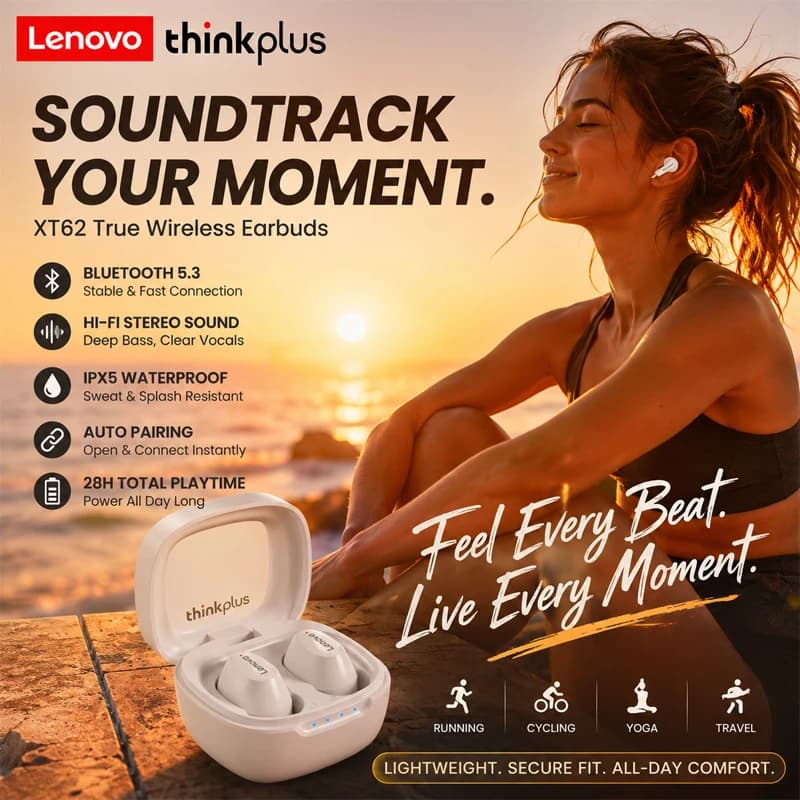 Auricolari wireless Lenovo XT62 Bluetooth 5.3 HiFi Stereo con cancellazione del rumore, controllo touch, impermeabili IPX5, auricolari da gioco alla moda