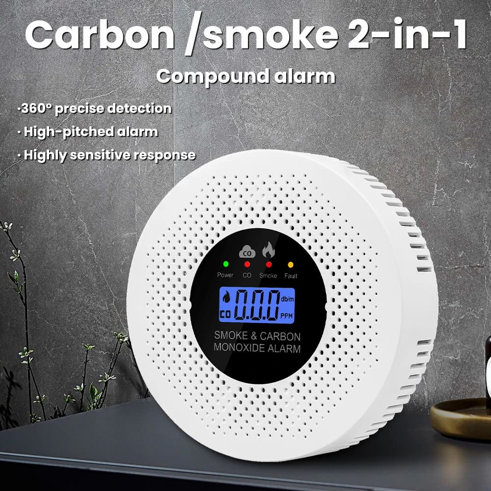Rilevatore di fumo e CO 2-in-1 con display LCD, allarmi acustici e visivi, adatto per cucine e uso interno, ecc.
