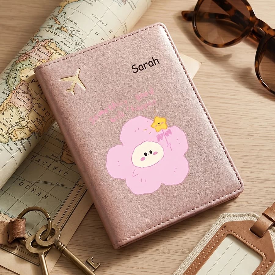 Cute Cartoon Floral Pattern Passport Cover, Customizable Name, Text Passport Holder, Universal Airplane Passport Protector