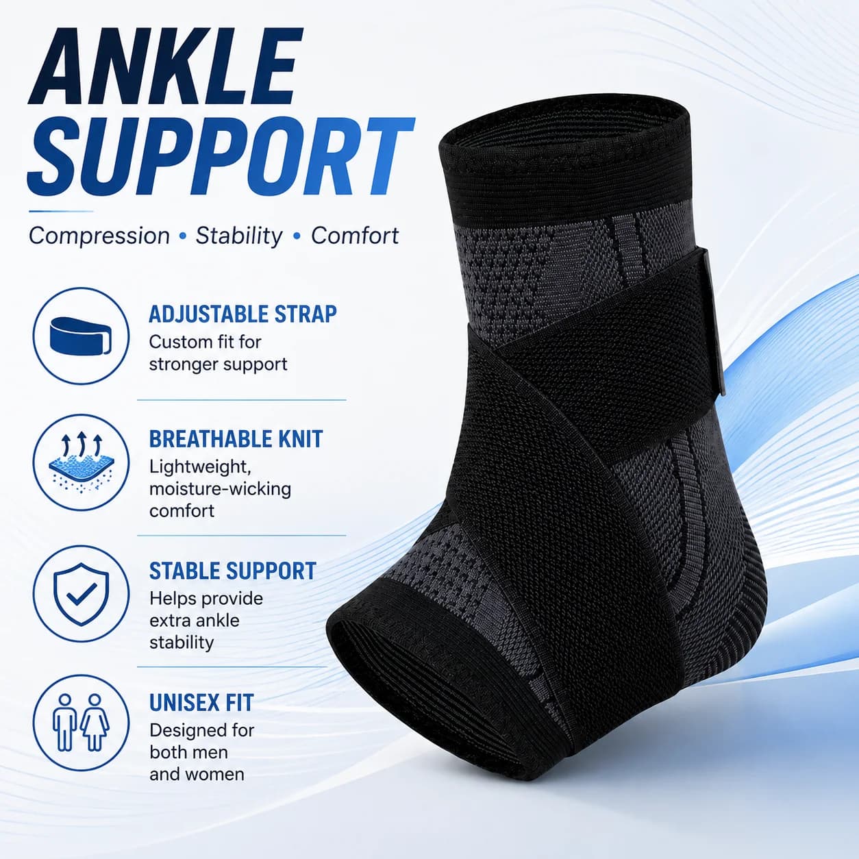 Adjustable Ankle Support Brace Compression Sleeve Wrap Strap Breathable Knit Stabilizer for Sports Running Training Adult Unisex