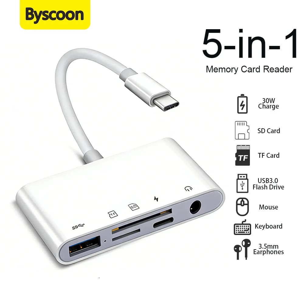 Lettore di Schede Micro SD/TF 5-in-1 USB-C OTG per iPhone 15-17 Samsung Galaxy S25 con USB 3.0, Jack da 3,5mm, Ricarica 30W