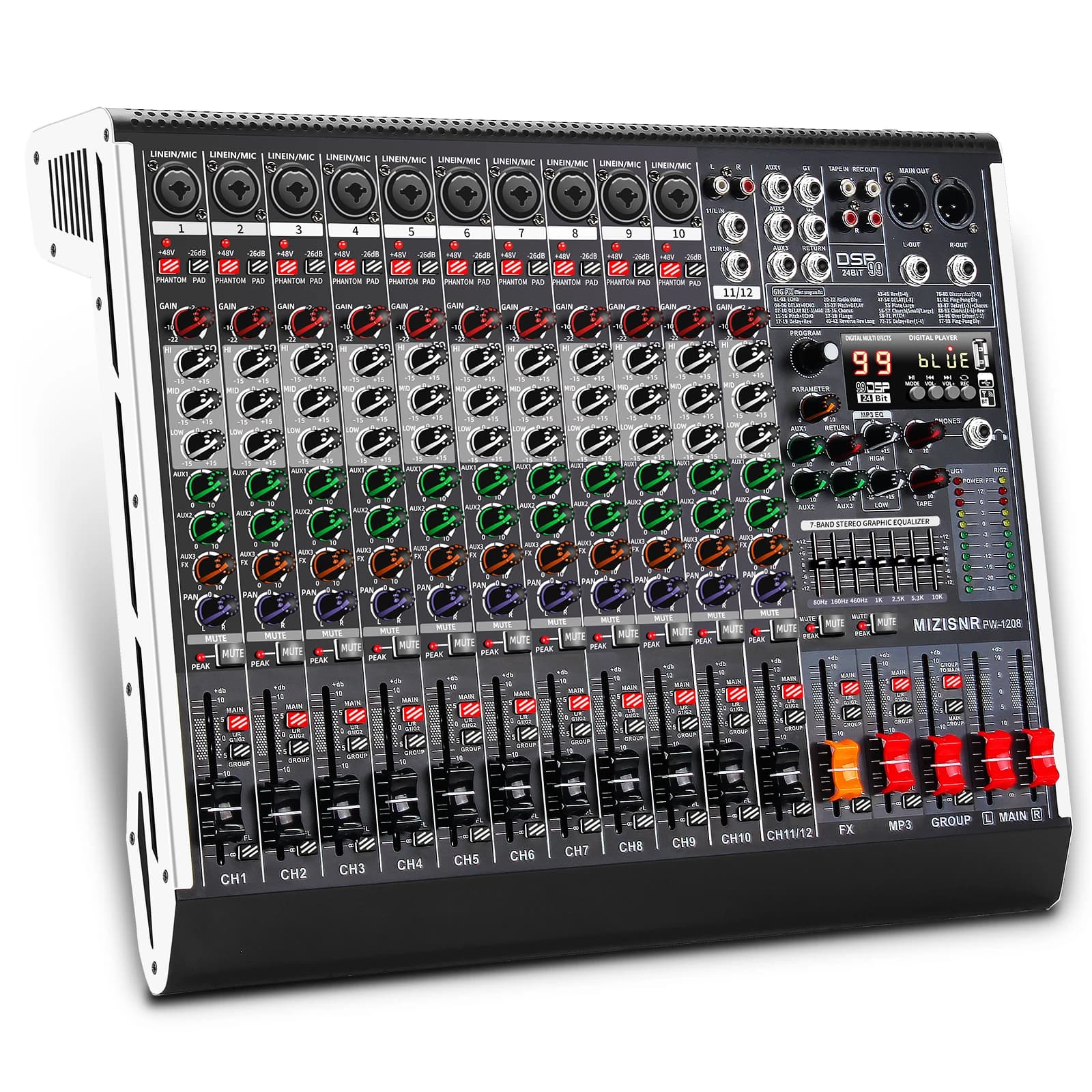 Mixer Audio FULUODE a 10 Canali Mono con 99 Effetti Digitali, Scheda Audio USB, Bluetooth, 48V, 2 AUX per DJ e Karaoke