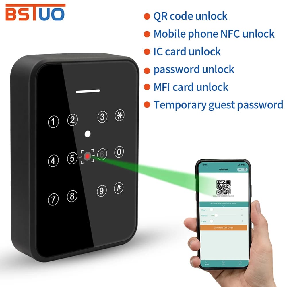 scanner di codici QR Lettore NFC Tastiera di controllo accessi Qrcode Lettore di schede Rfid 13,56 Mhz RS485 TTL Uscita Wiegand 20000 utenti