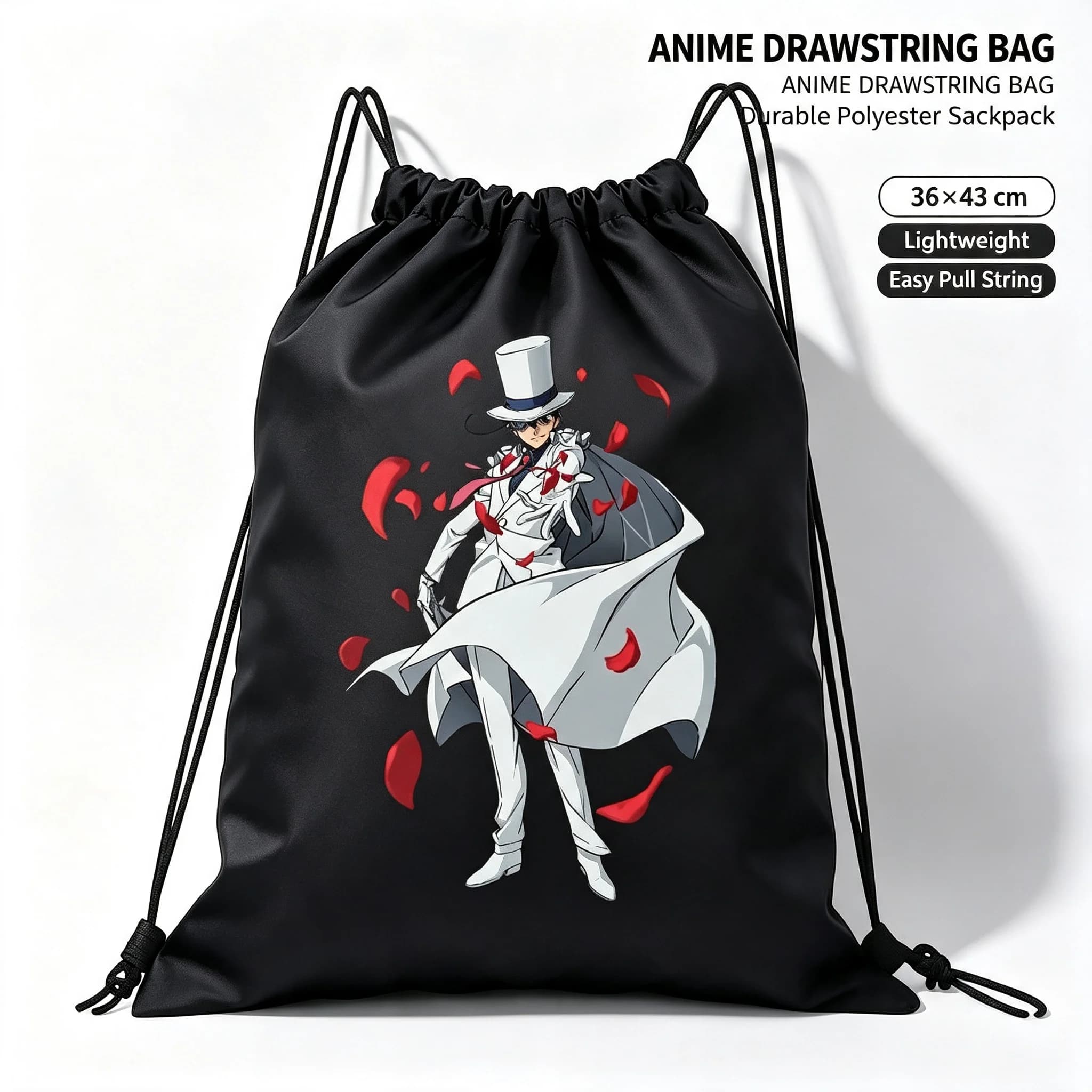 Detective Anime Kaito Kid With Rose Petals Drawstring Backpack Polyester Gym Sack Portable Travel Storage Bag Anime Fan Collectible Gift