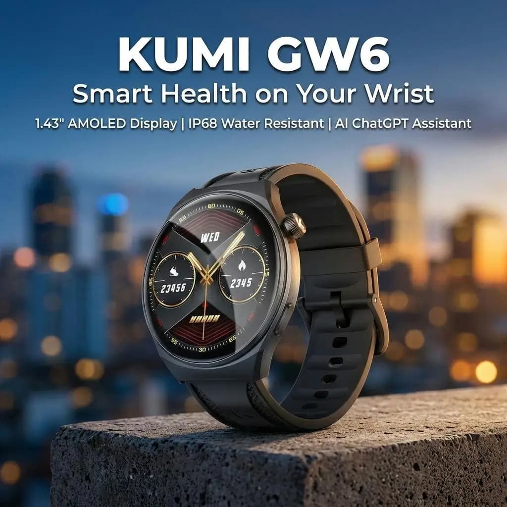 Smartwatch KUMI GW6 with 1.43" AMOLED Display, AI ChatGPT, Bluetooth Call, IP68 Waterproof, NFC, Cardiac Frequency Monitoring and Blood Pressure, Fitness Tracker