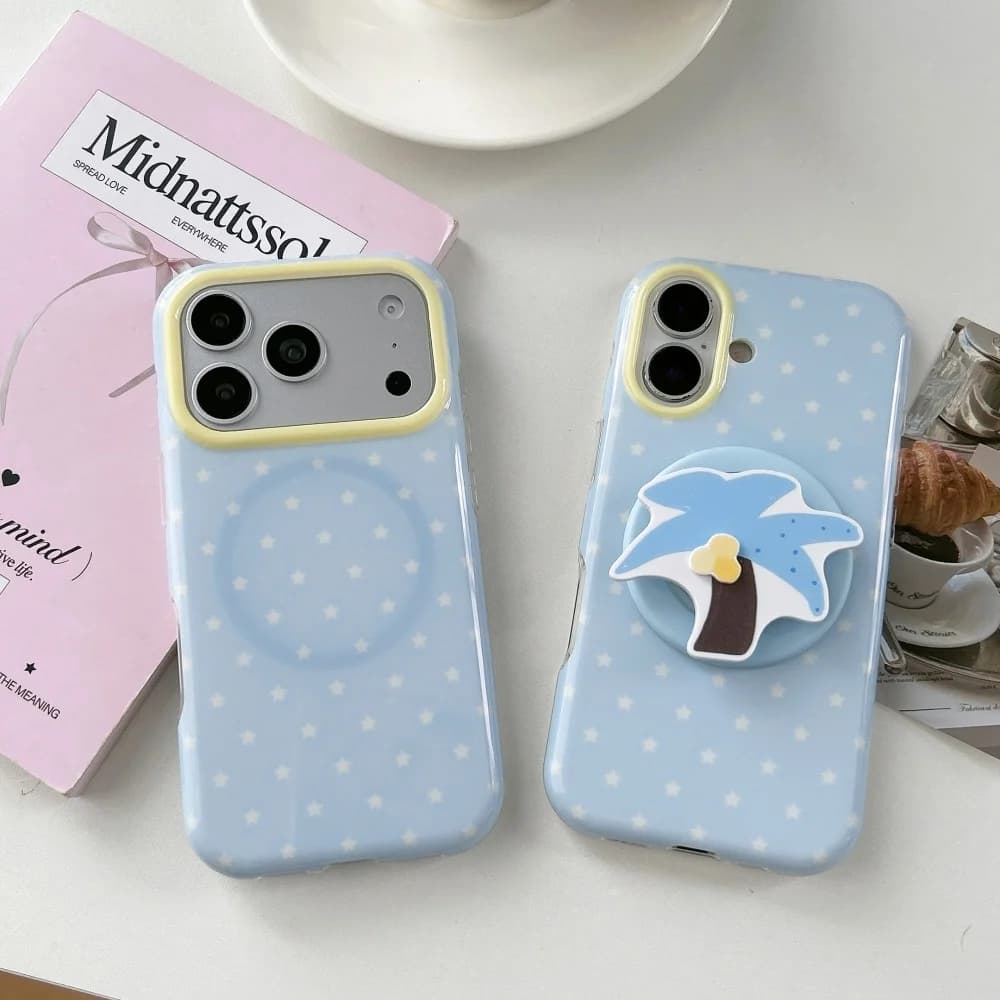 Korean Cute Stars Magnetic Phone Case for iPhone 15 16 17 15 Pro 17 Pro 16 Pro Max Cover With Magsafe Coconut Tree Stand Cover